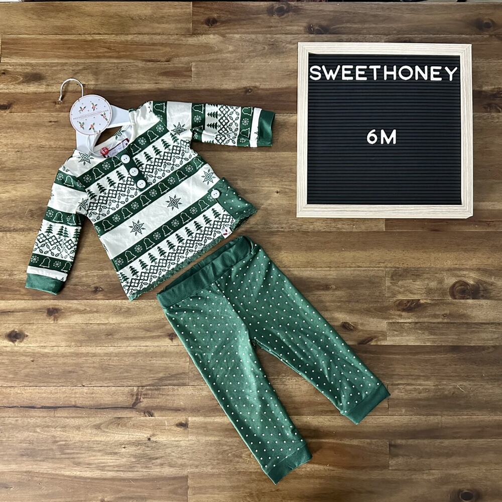 NWT SweetHoney Dreamer Pajama Set Green Cream Snowflakes Trees Polka Dots 6M